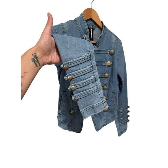 Free People Fitted Military Nautical Embellished Sleeves Jacket XS Denim - Picture 5 of 11